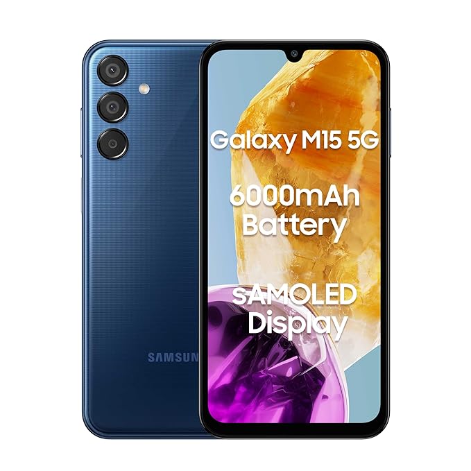 Samsung Galaxy M15 5G (Blue Topaz,8GB RAM,128GB Storage)| 50MP Triple Cam| 6000mAh Battery| MediaTek Dimensity 6100+| 4 Gen. OS Upgrade & 5 Year Security Update| Super AMOLED Display| Without Charger