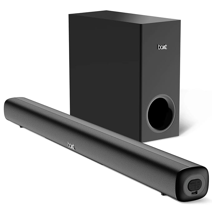 boAt Aavante Bar Mystiq Soundbar with 100W RMS Signature Sound, 2.1 CH,Multi-Connectivity Modes,BT v5.3,Wired Subwoofer,EQ Modes,Bass & Treble Control & Remote Control(Pitch Black)